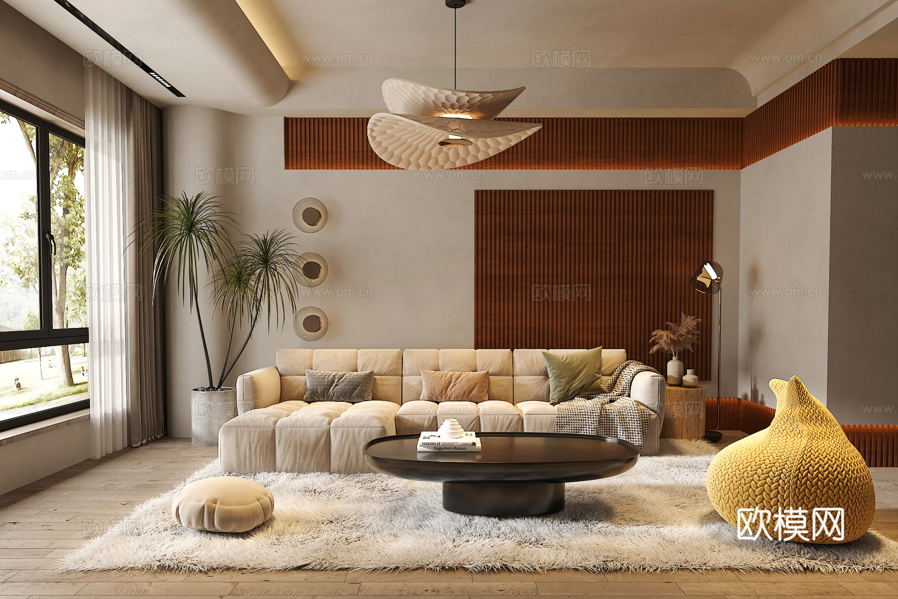 中古侘寂风客厅 沙发茶几组合 绿植 饰品摆件 台灯  背景墙3d模型下载