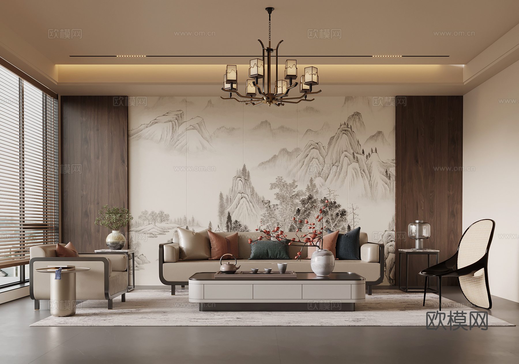 新中式客厅 沙发茶几组合 沙发背景墙su模型