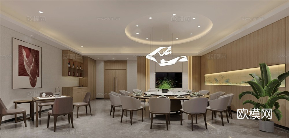 新中式餐厅包厢 酒店包间 餐桌椅su模型