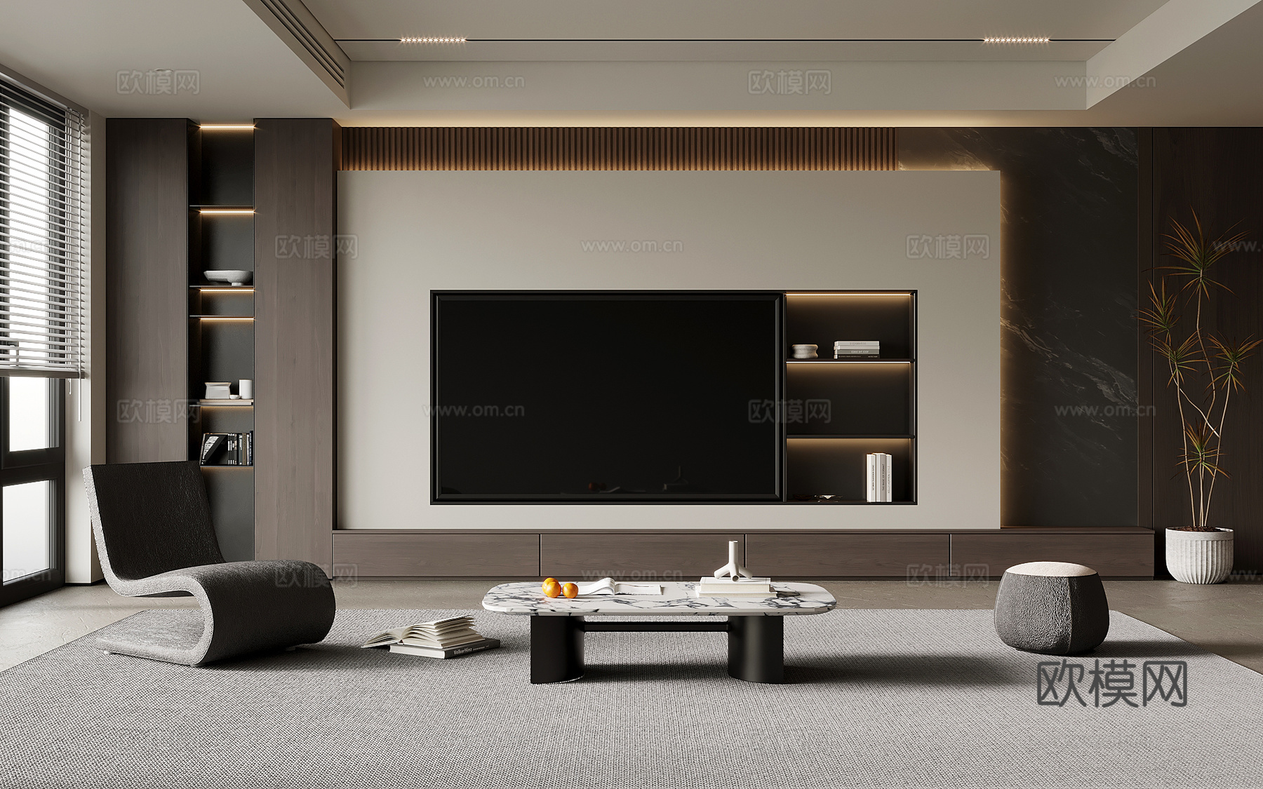 现代简约客厅 电视背景墙 电视柜 沙发茶几组合su模型