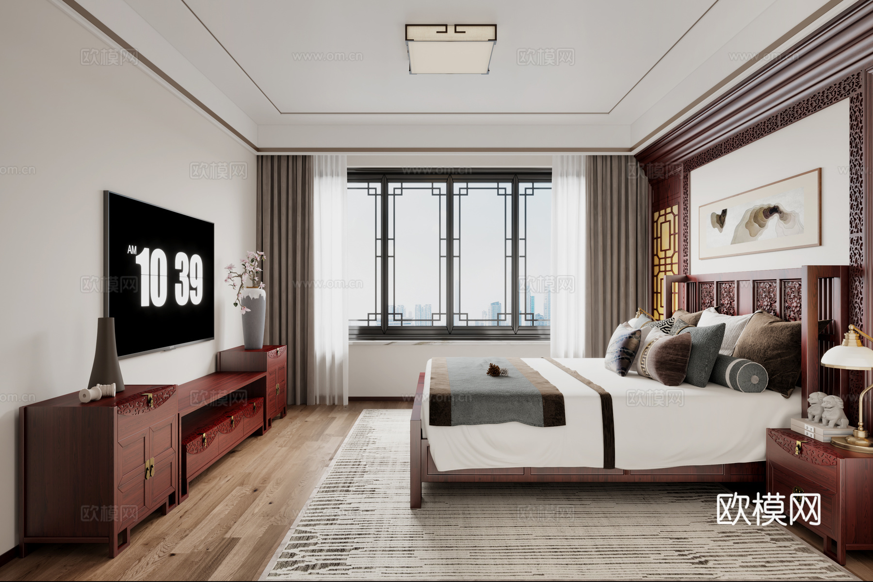 中式卧室 中式床 中式床头背景 中式电视柜 中式吸顶灯3d模型下载