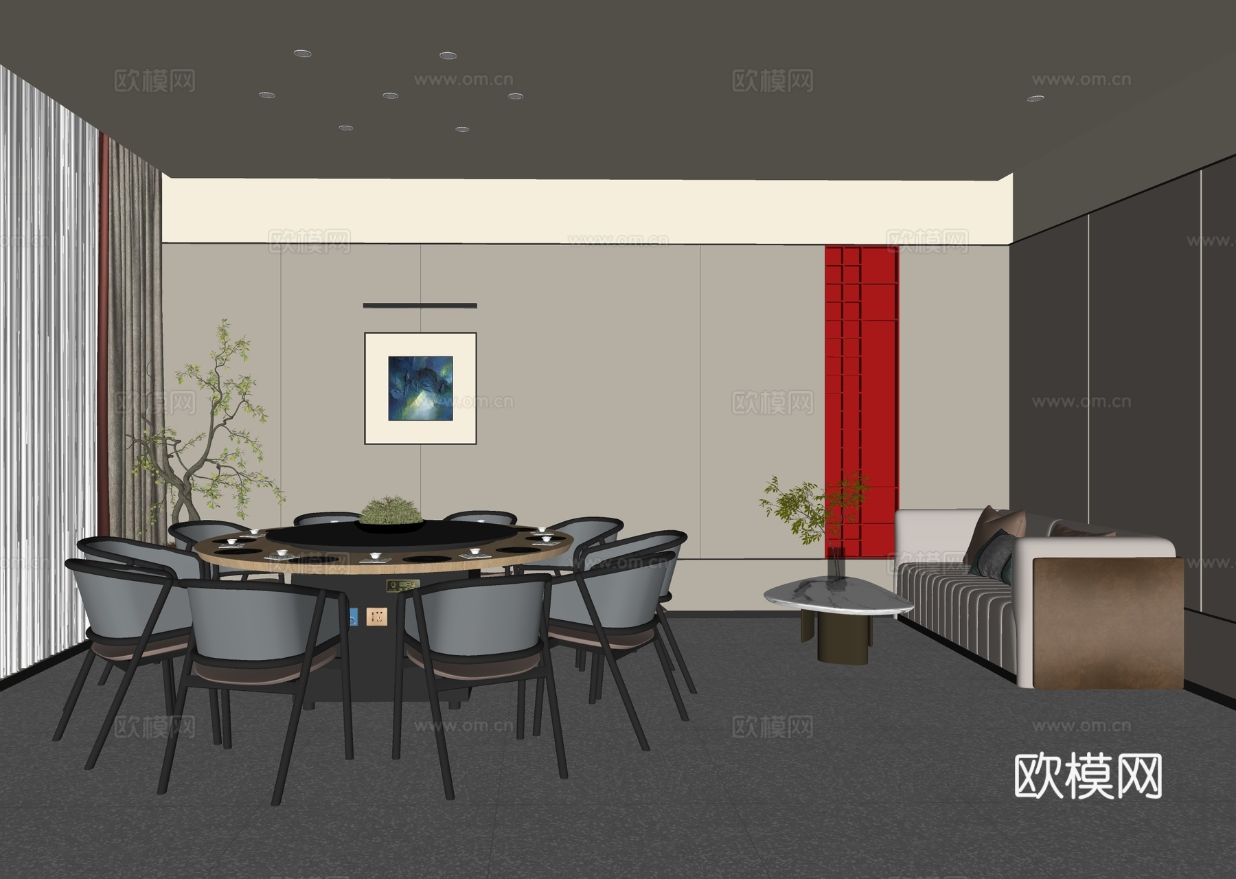 新中式餐厅包厢 酒店包间 餐桌椅su模型