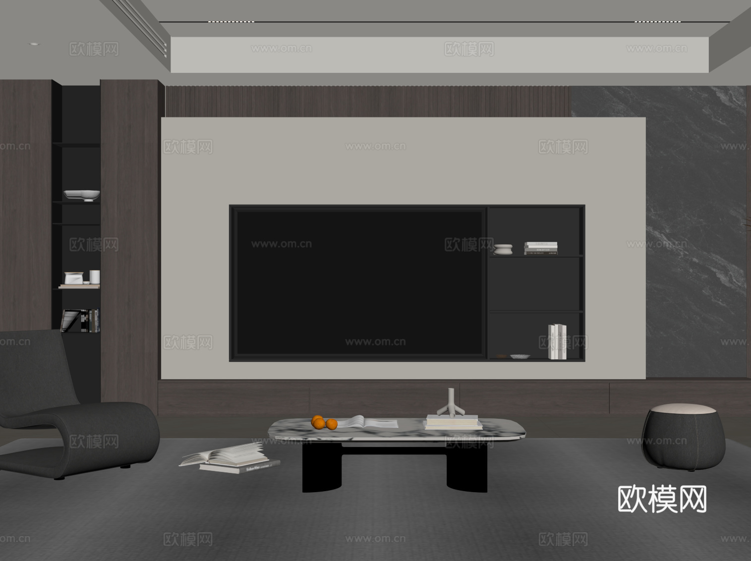 现代简约客厅 电视背景墙 电视柜 沙发茶几组合su模型