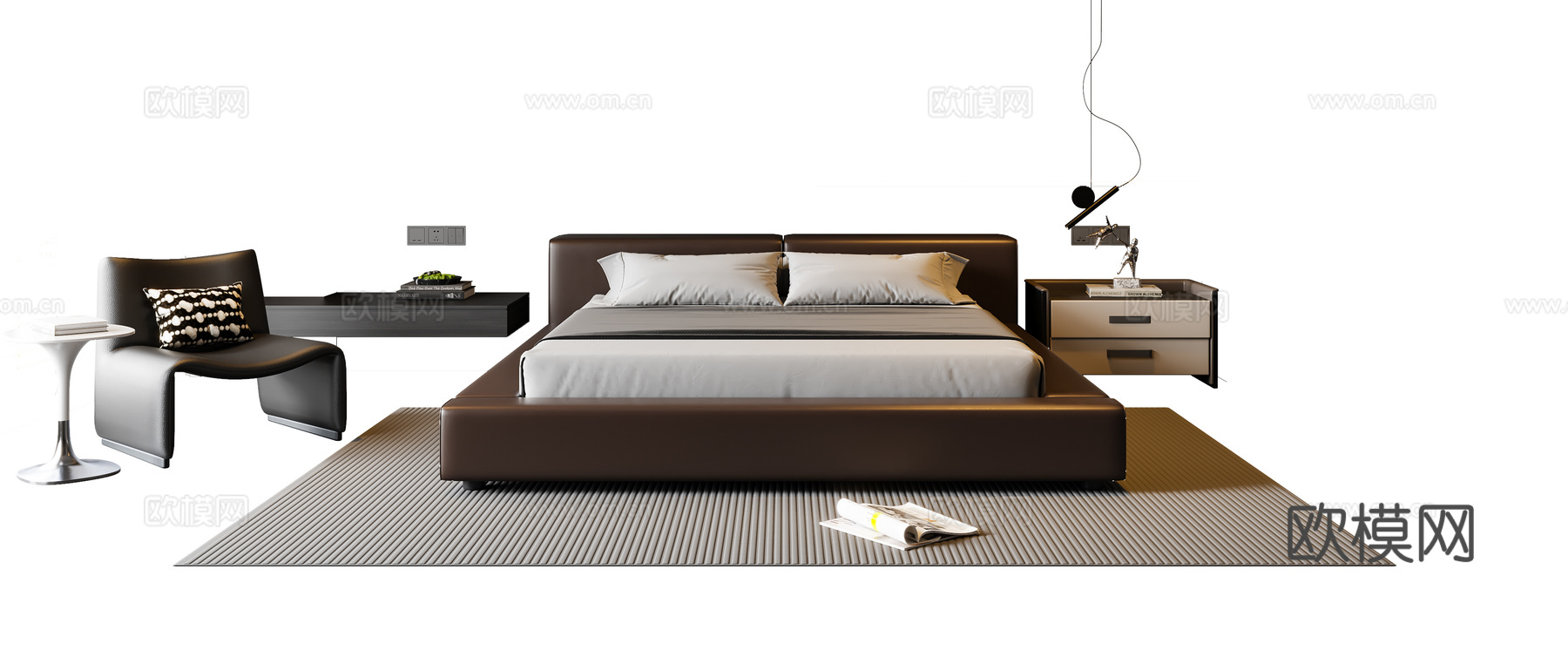现代意式双人床 皮质双人床 床头柜 吊灯 休闲椅 地毯3d模型下载