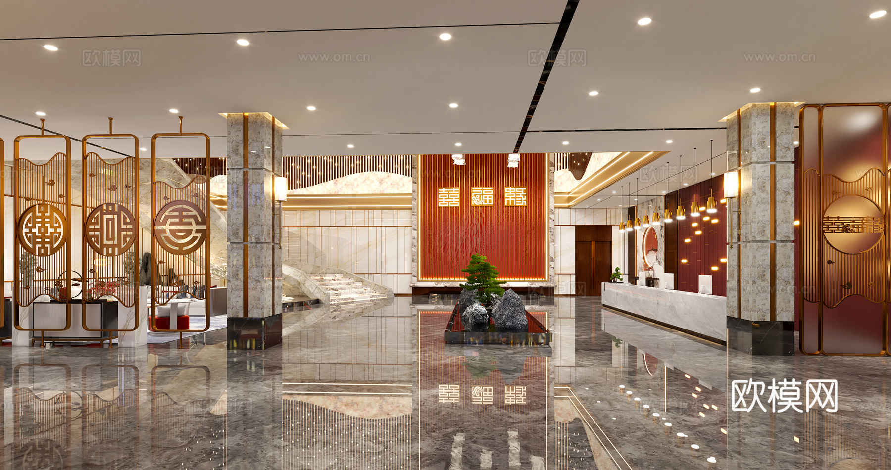 现代新中式婚宴酒店大堂3d模型下载（渲染图2）