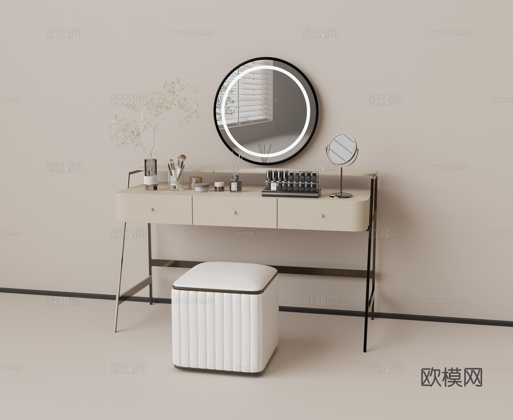 梳妆台 梳妆凳 椅子 首饰 镜子 化妆品3d模型下载