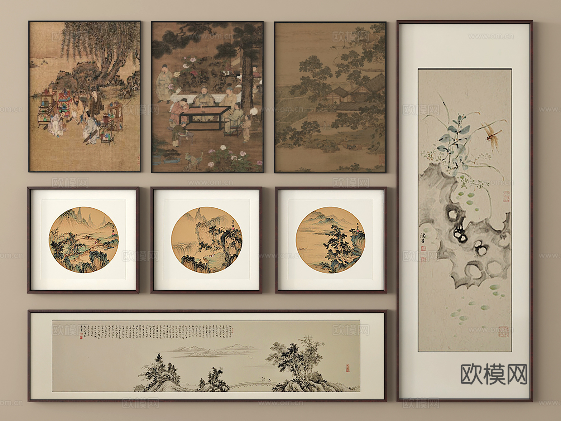新中式挂画 装饰画 字画 挂画组合su模型