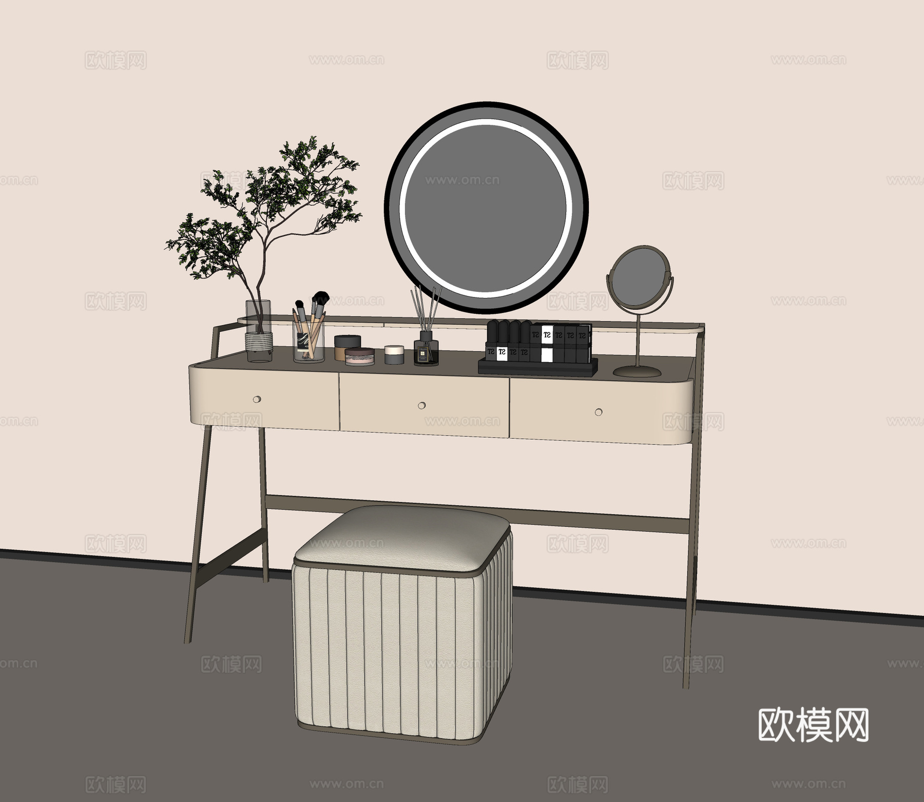 梳妆台 梳妆凳 椅子 首饰 镜子 化妆品su模型