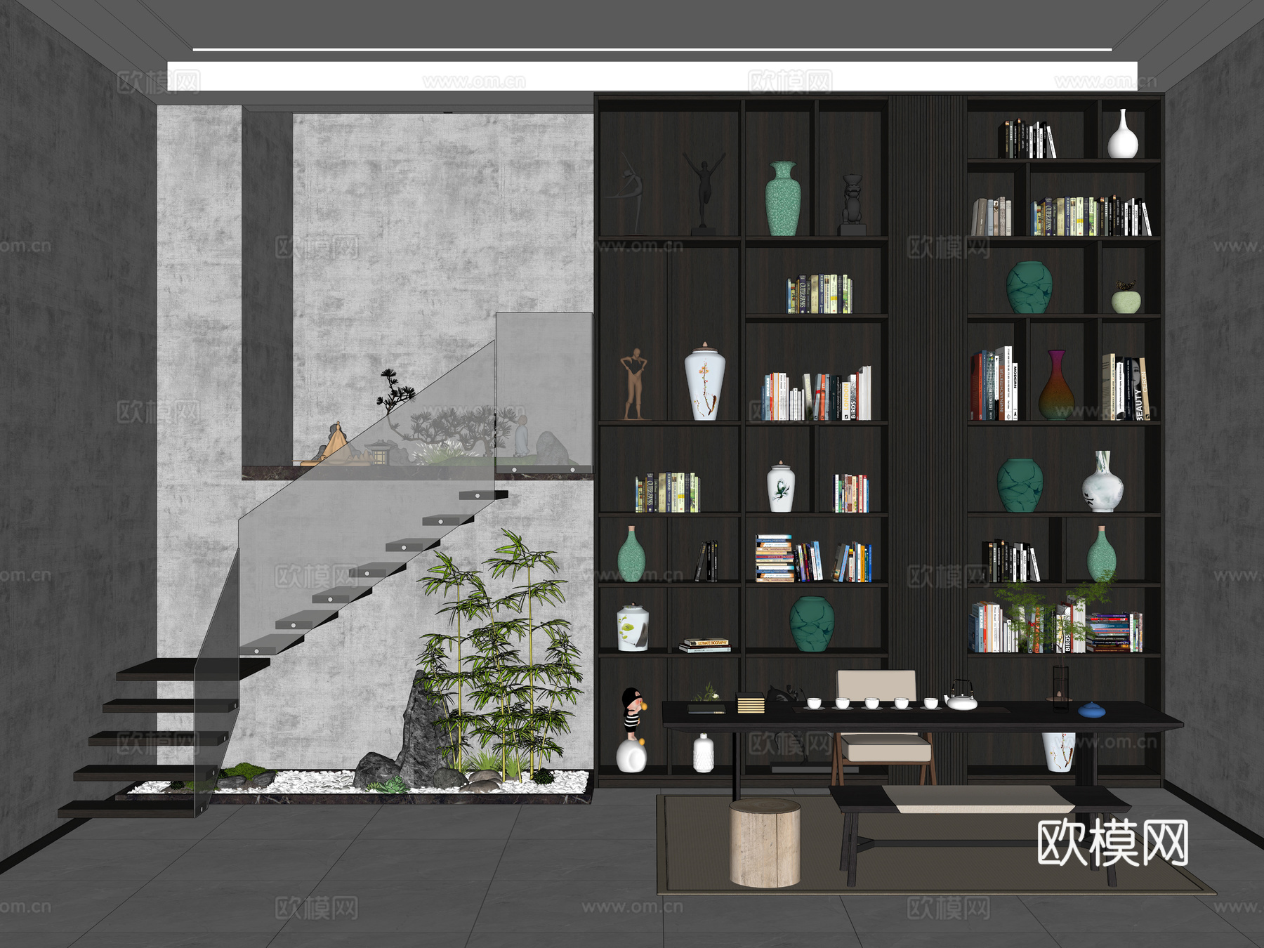 现代地下室茶室 装饰柜茶室柜 挑空层高柜 玻璃扶手 装饰柜su模型