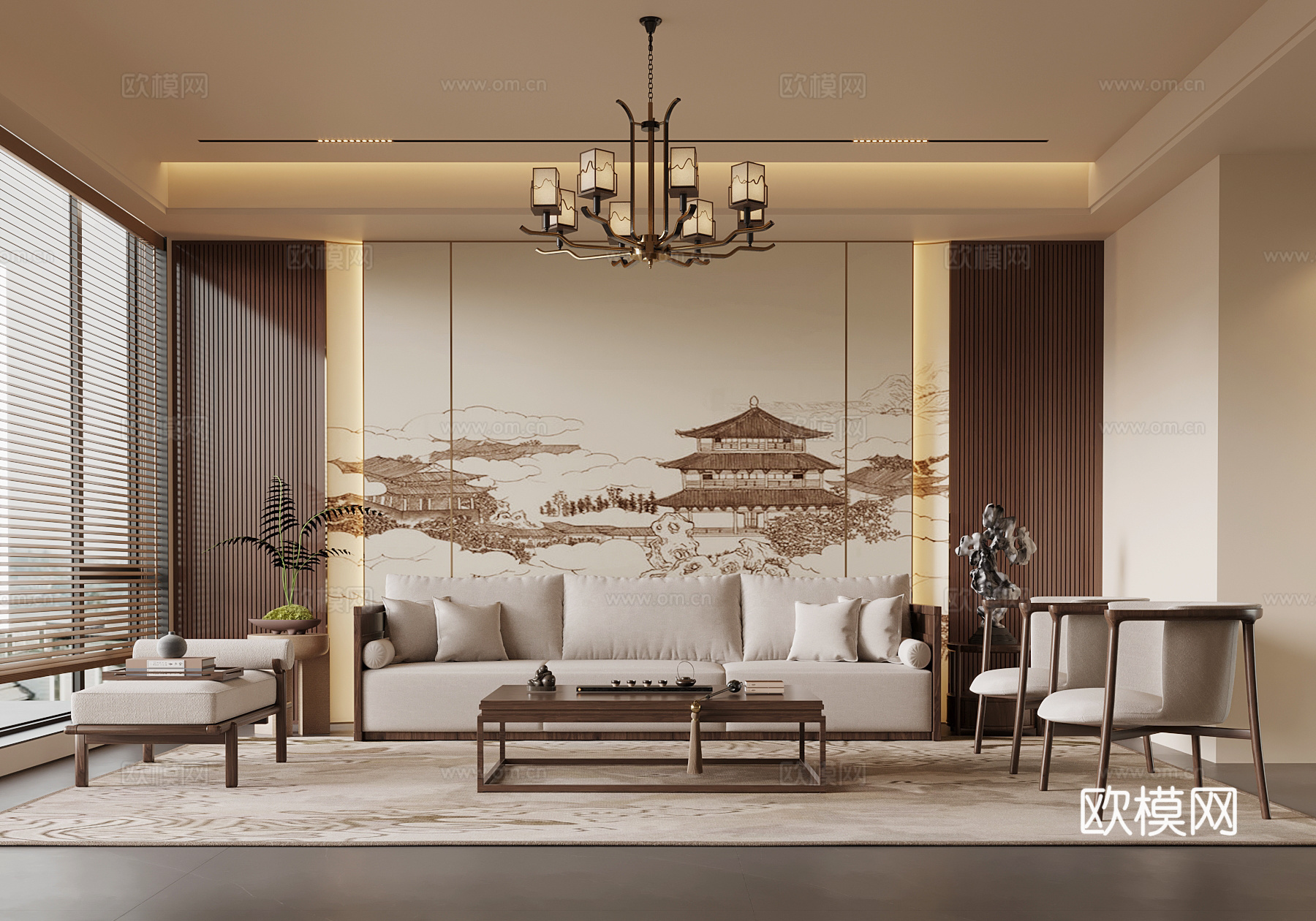 新中式客厅 沙发背景墙 沙发茶几组合su模型