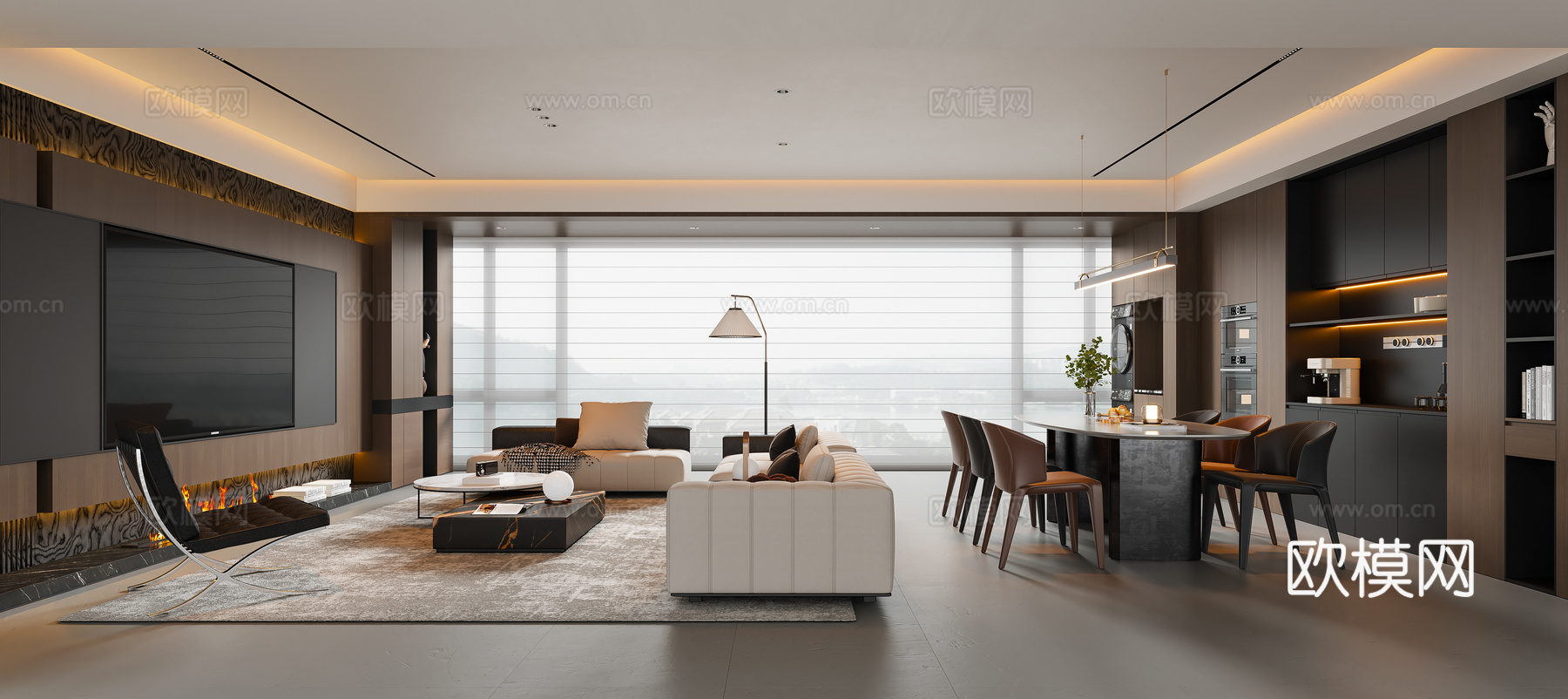 现代意式客餐厅 大平层 沙发茶几 餐桌椅 电视背景墙 餐边柜su模型
