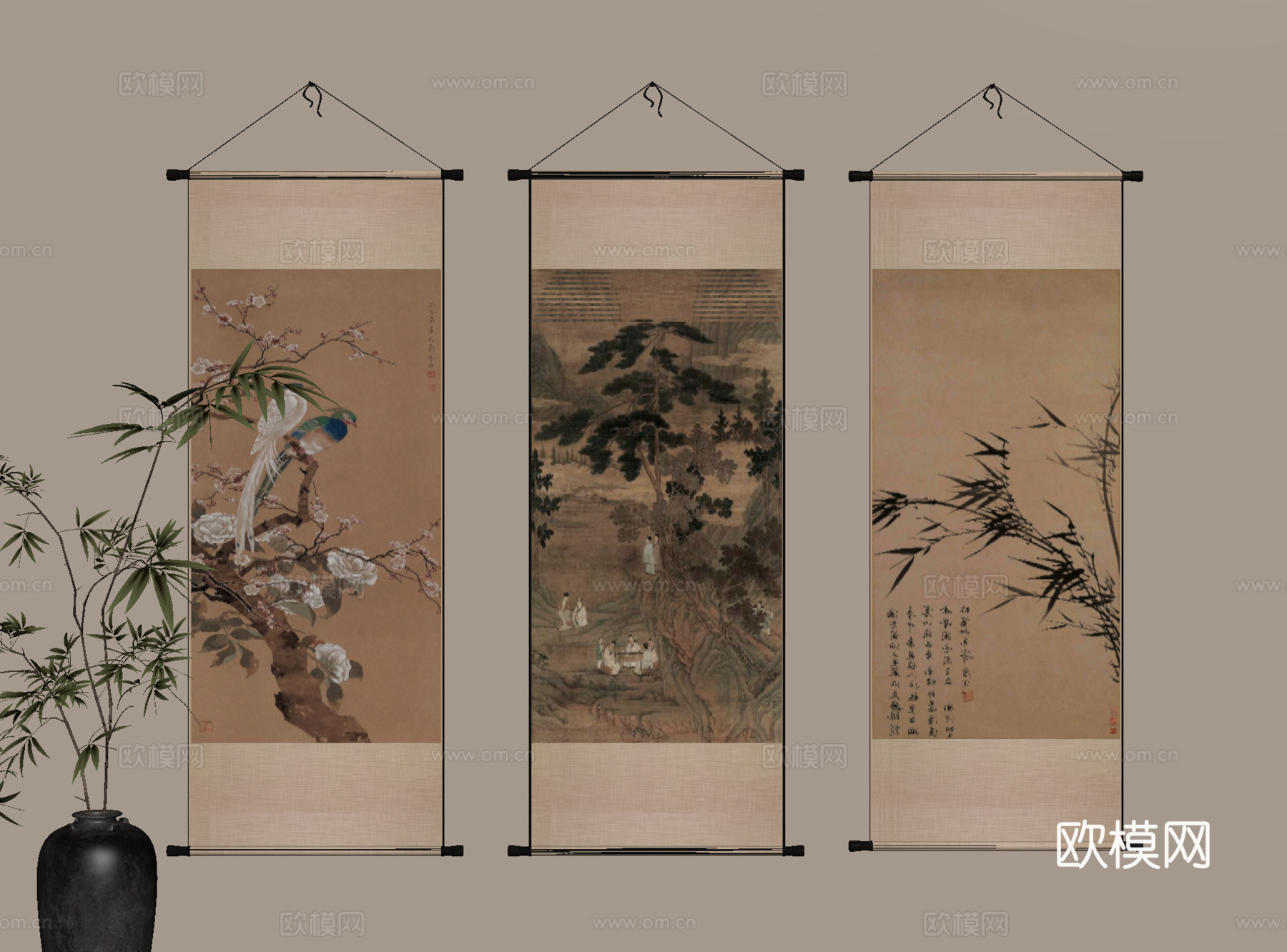 新中式挂画 装饰画 字画 挂画组合su模型