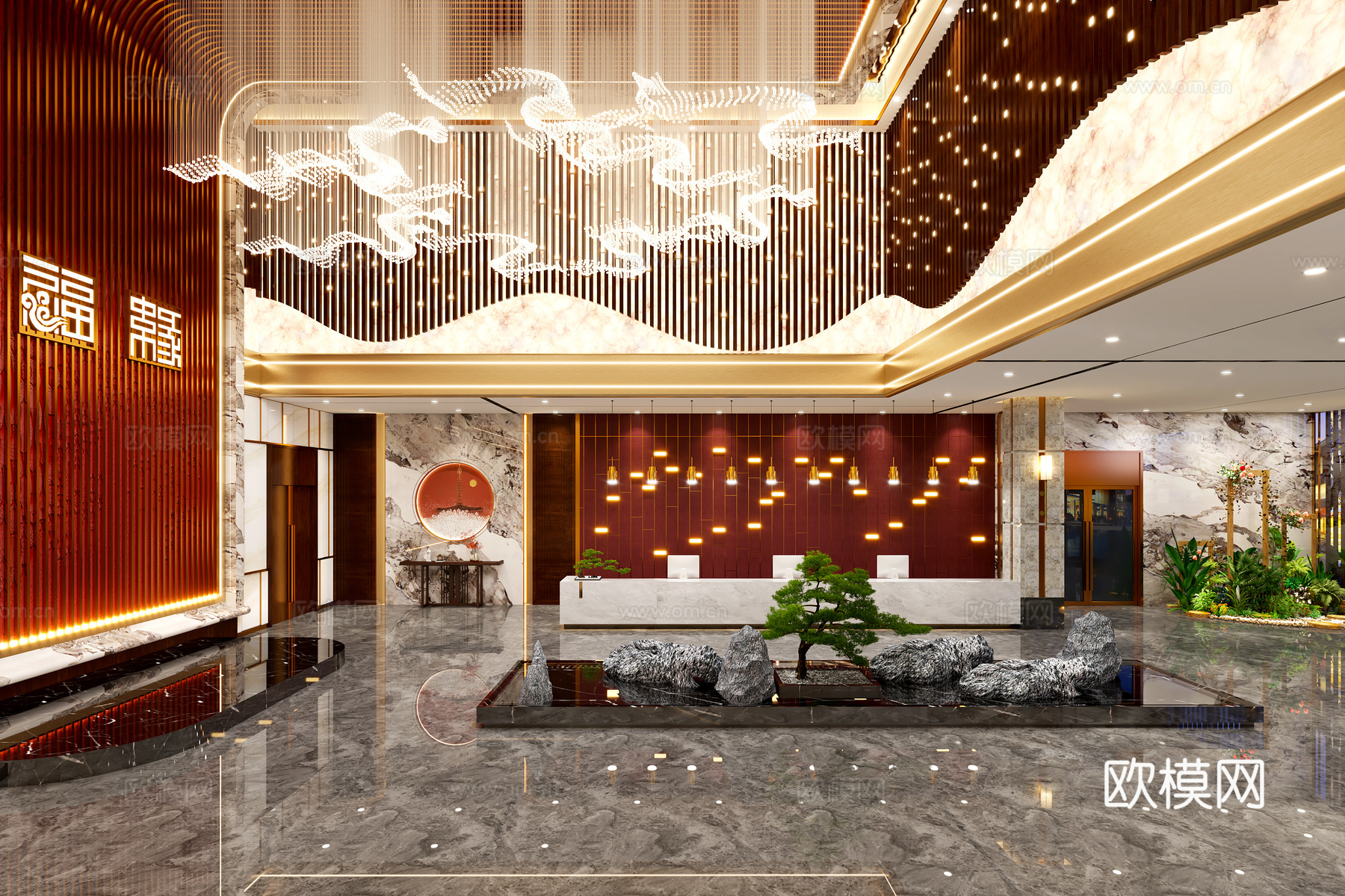 现代新中式婚宴酒店大堂3d模型下载（渲染图3）