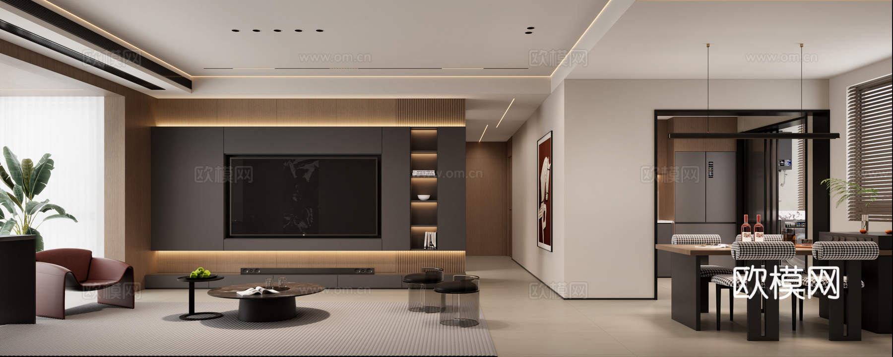 意式客餐厅 意式沙发 意式餐桌椅 意式电视背景 意式厨房3d模型下载（渲染图1）