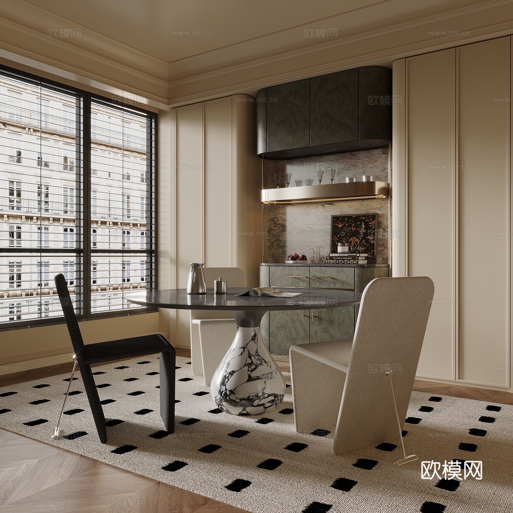 中古风餐厅 酒柜 餐桌椅3d模型下载