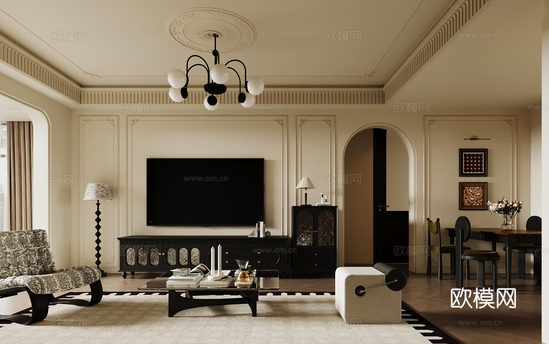 法式客餐厅 客厅 餐桌椅 电视柜 中古风客餐厅su模型