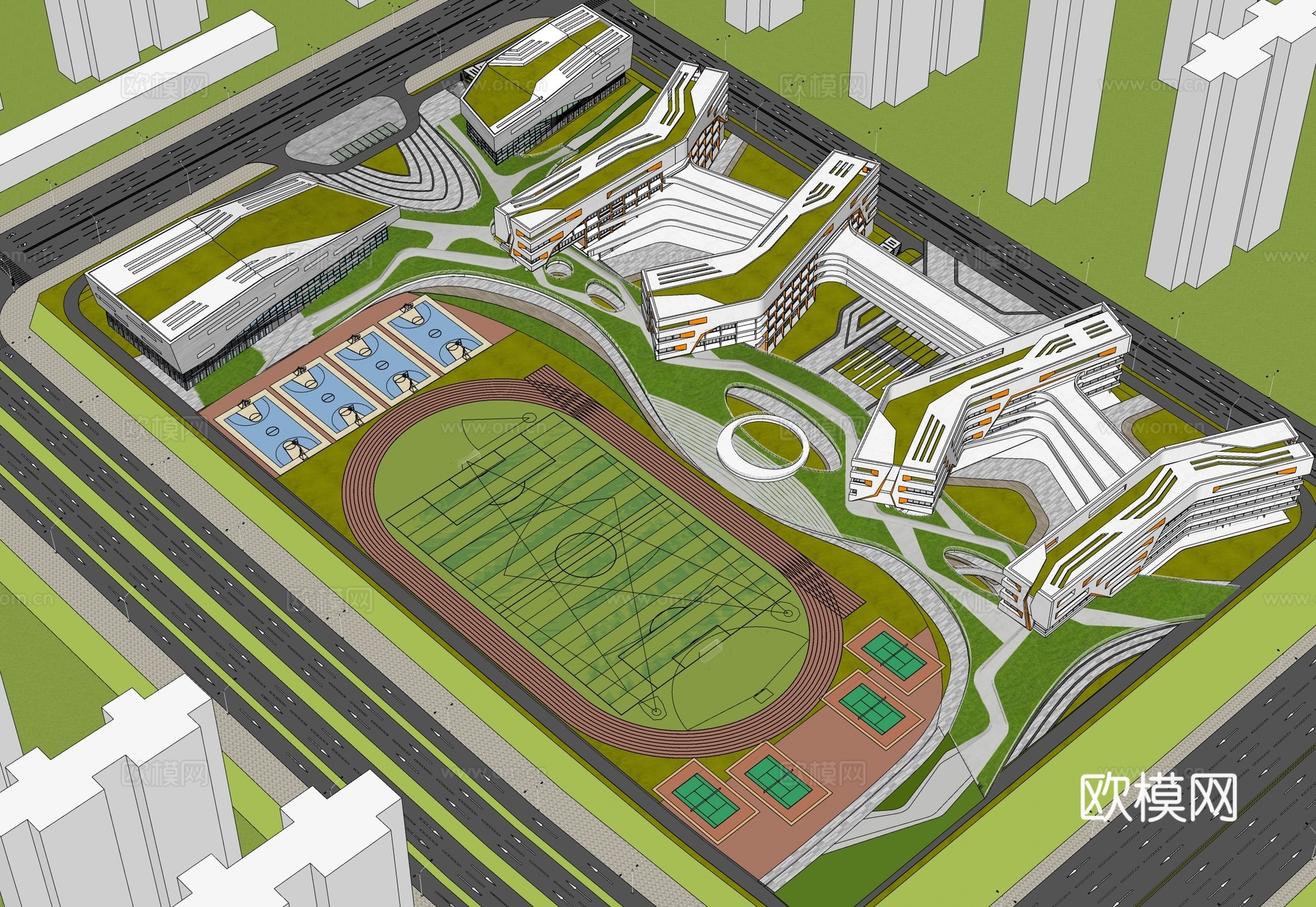 现代校园景观  校园建筑 教学楼建筑su模型