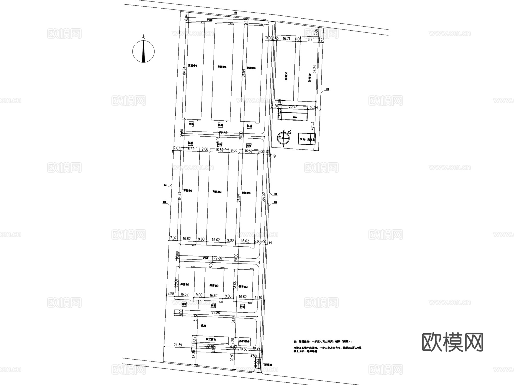 盐山县高效养殖小区育肥舍建筑CAD施工图全套cad施工图
