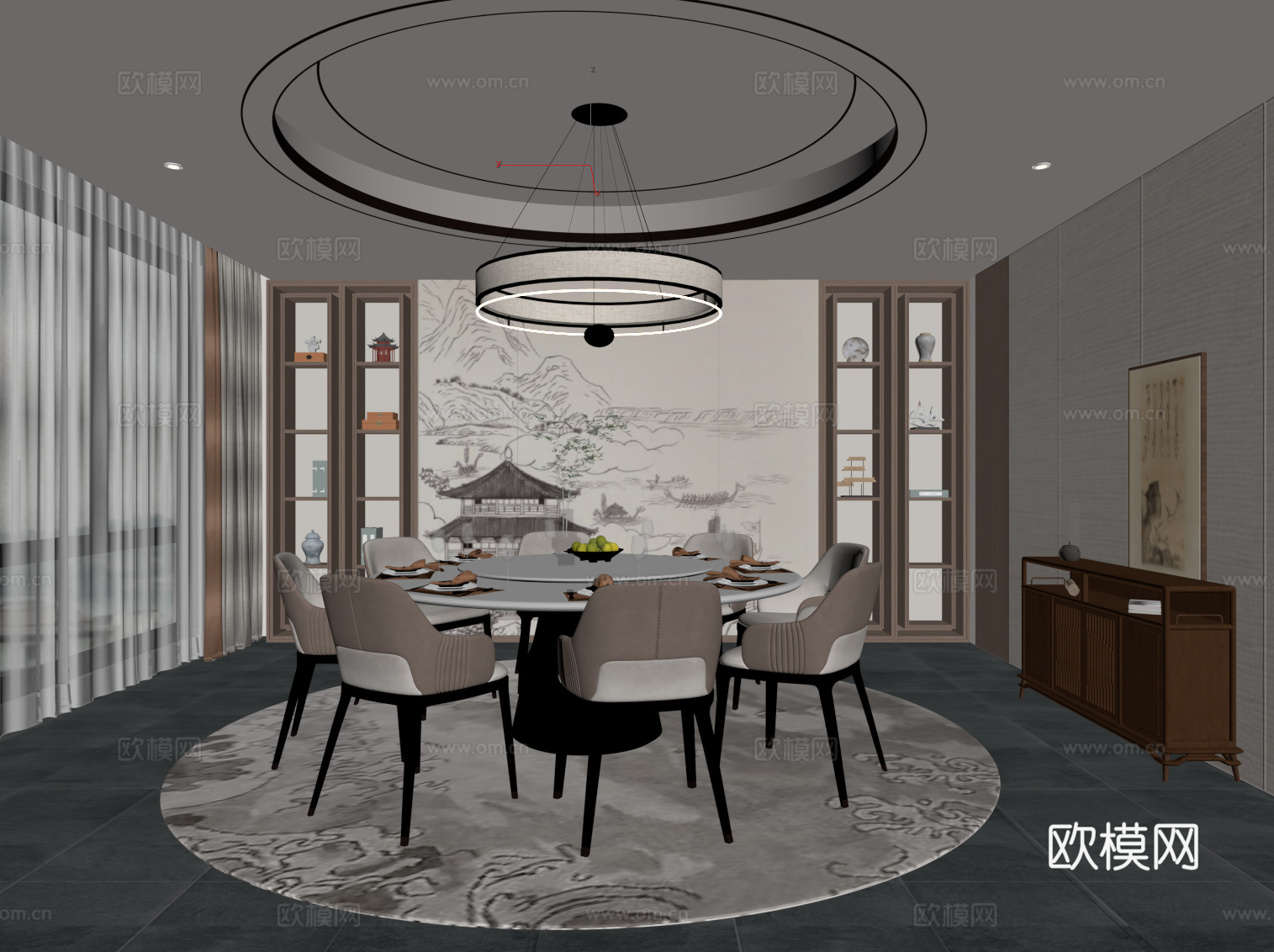 新中式酒店餐厅包房 包间 包厢su模型