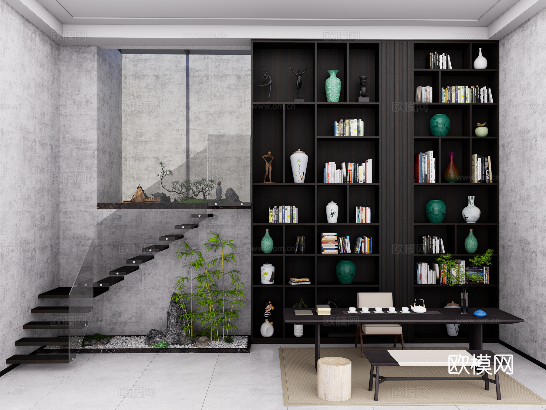 现代地下室茶室 装饰柜茶室柜 挑空层高柜 玻璃扶手 装饰柜su模型