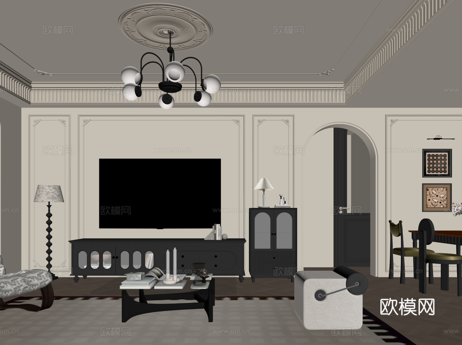 法式客餐厅 客厅 餐桌椅 电视柜 中古风客餐厅su模型