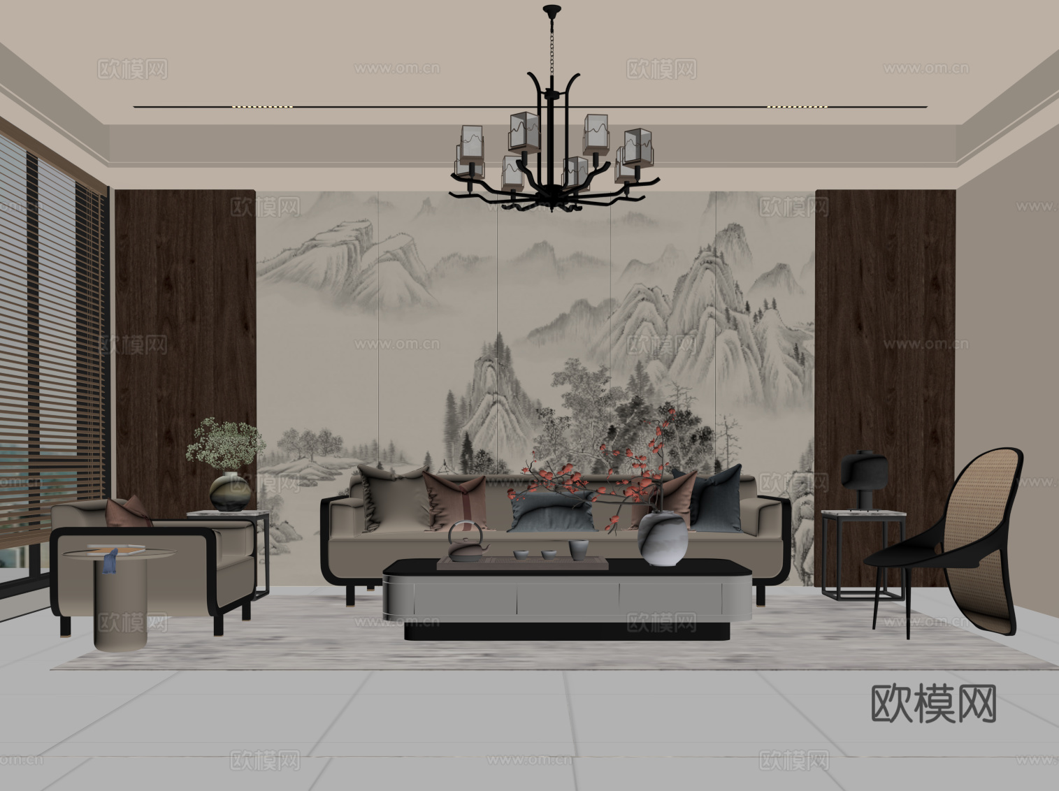 新中式客厅 沙发茶几组合 沙发背景墙su模型