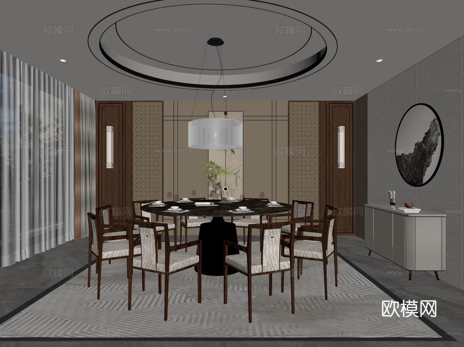 新中式餐厅包厢 饭店包间su模型