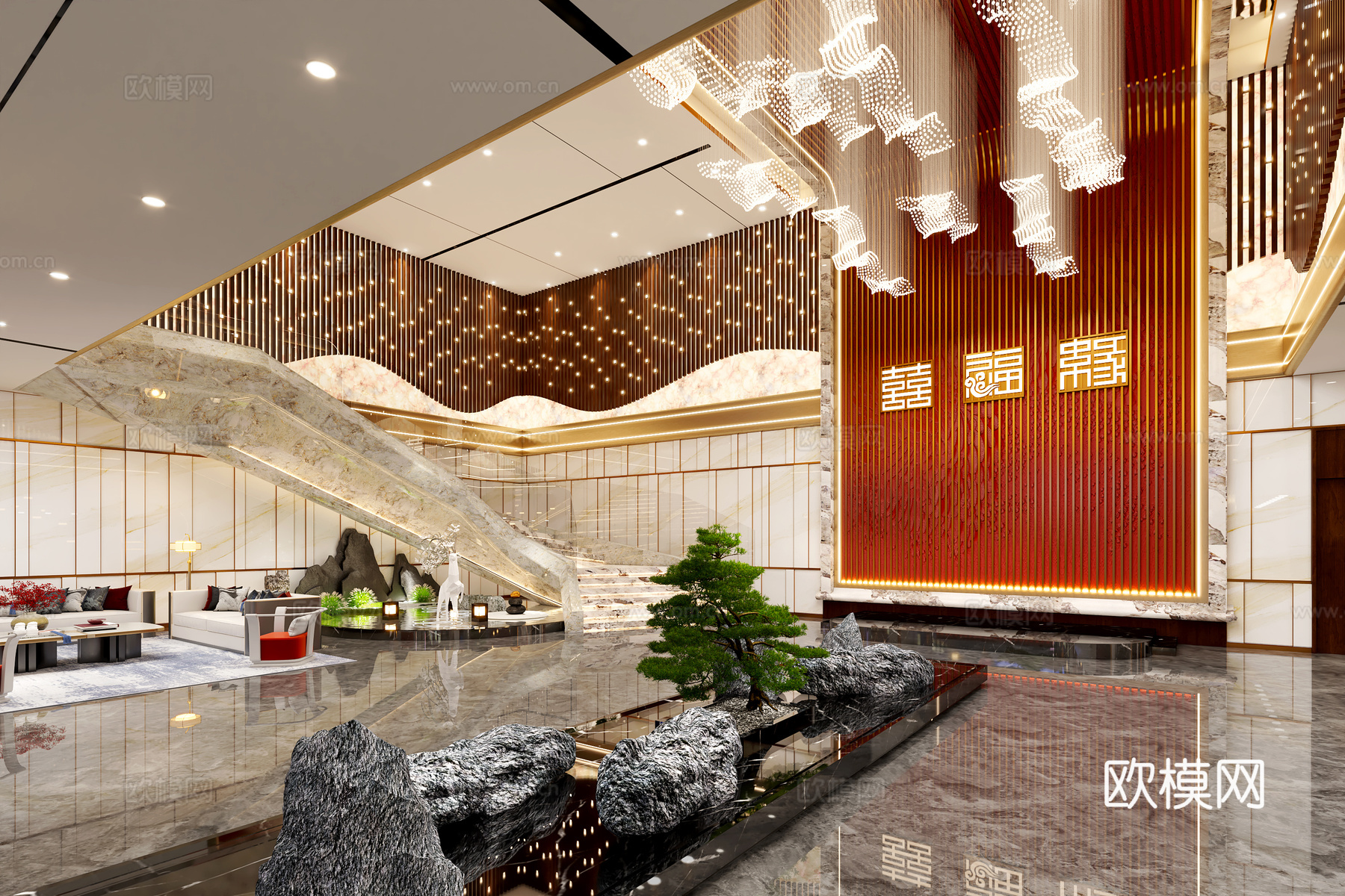现代新中式婚宴酒店大堂3d模型下载（渲染图1）