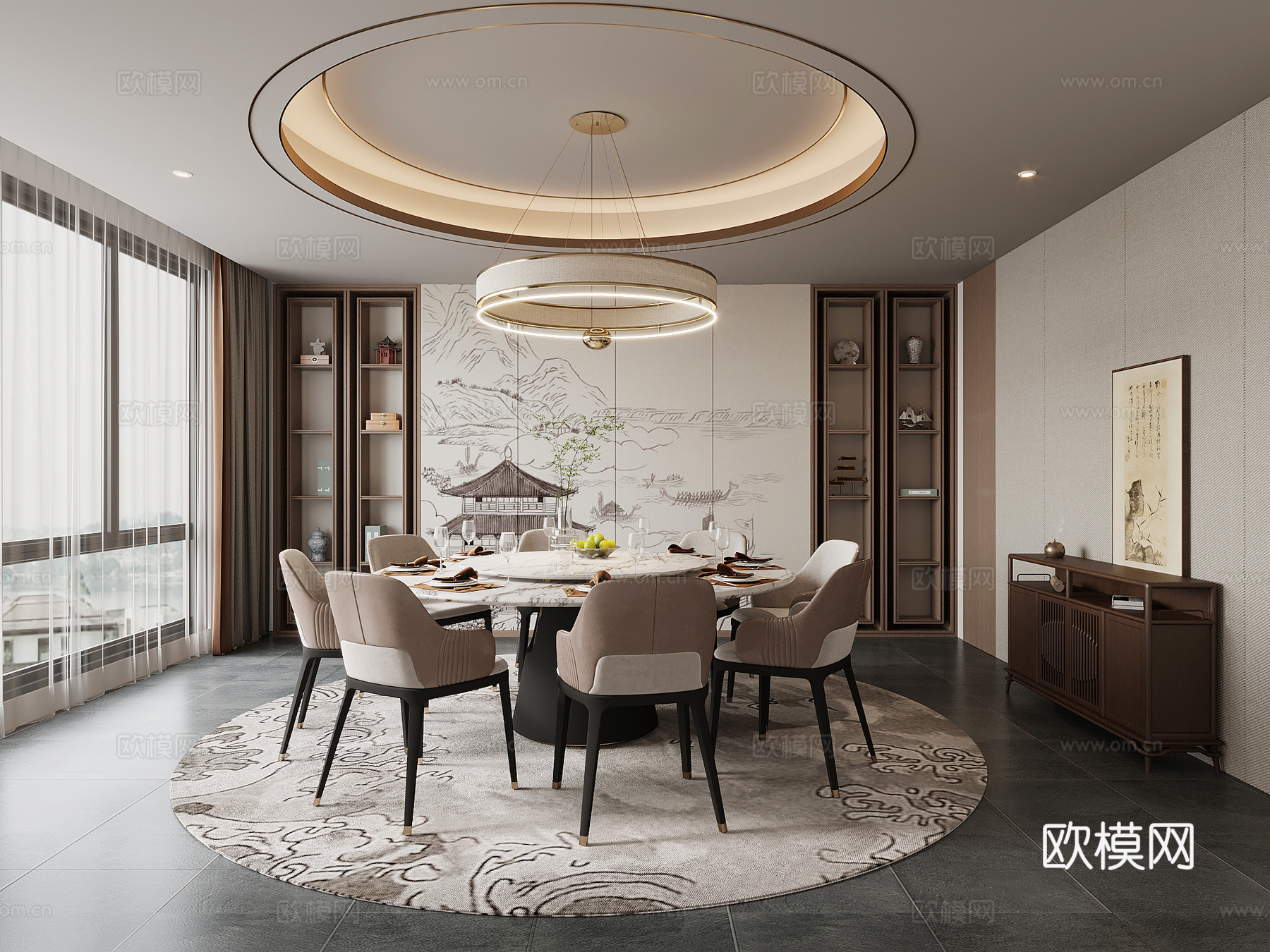 新中式酒店餐厅包房 包间 包厢su模型
