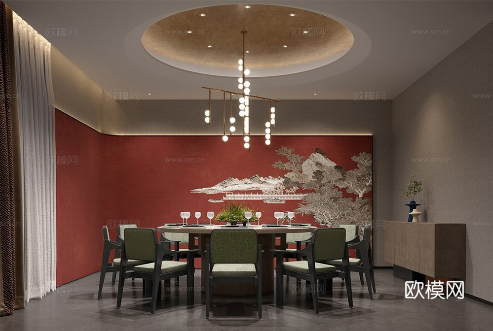 新中式餐厅包厢 酒店包间 餐桌椅su模型
