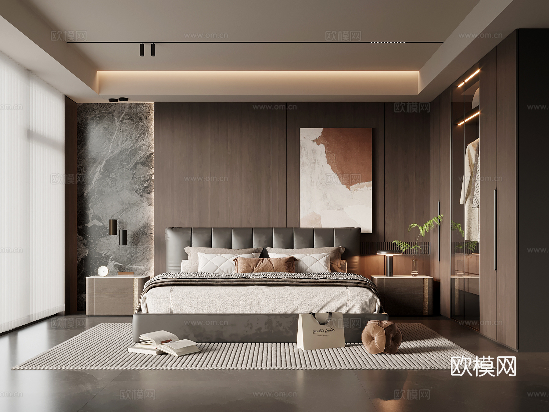 现代意式卧室 主卧 双人床 衣柜3d模型下载