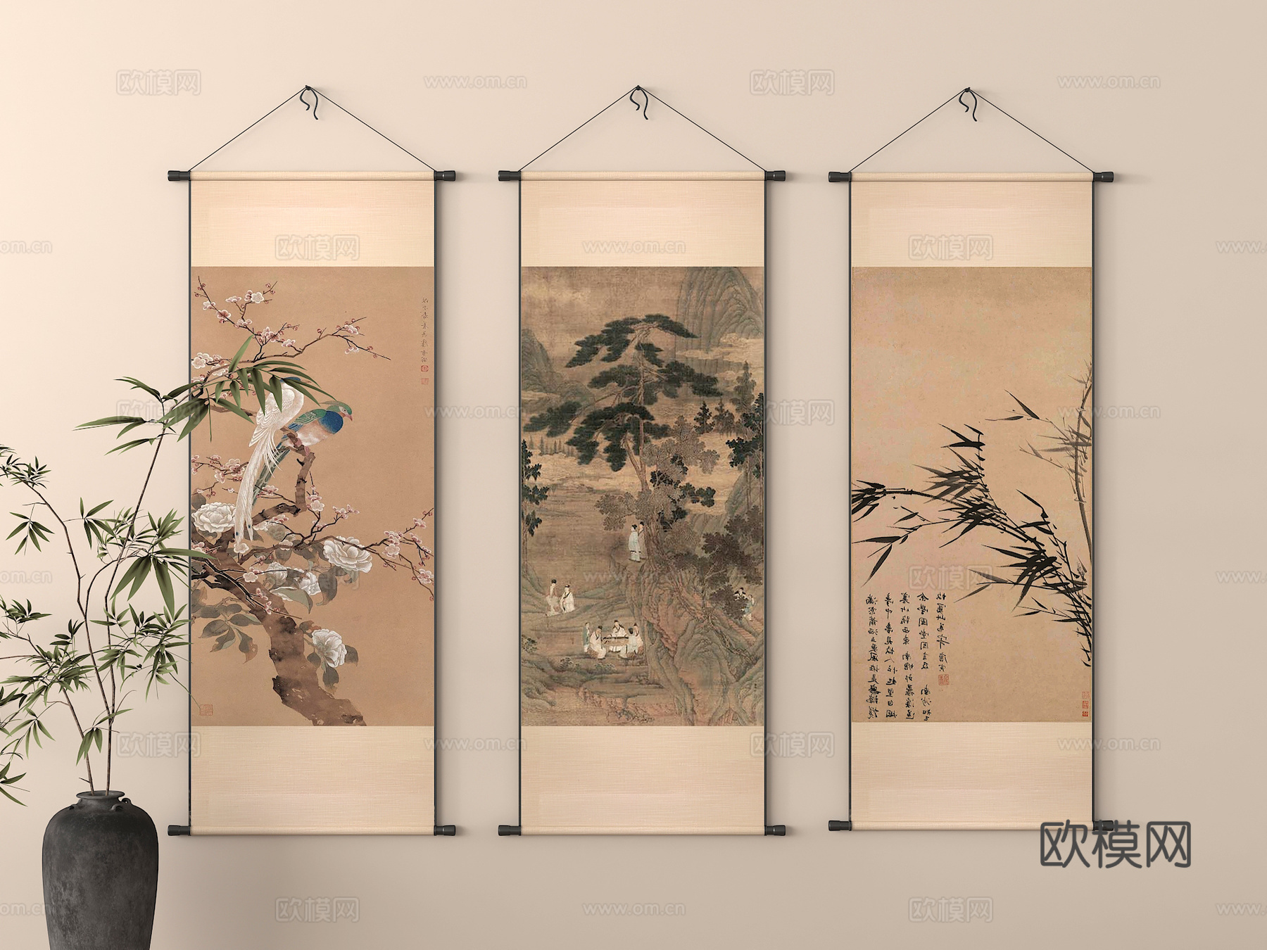 新中式挂画 装饰画 字画 挂画组合su模型