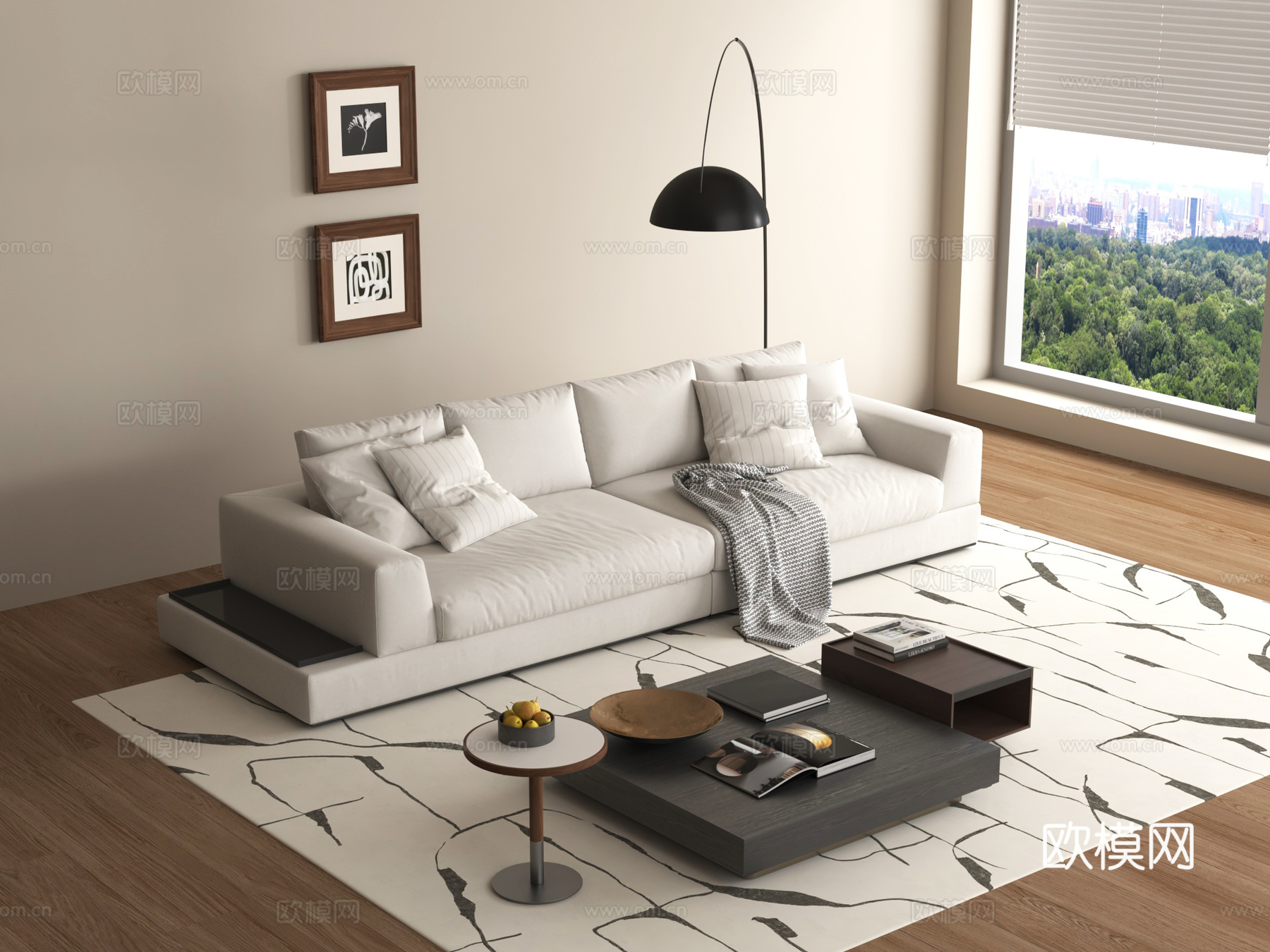 现代奶油风双人沙发 休闲沙发 布艺沙发 茶几 摆件挂画 钓鱼3d模型下载