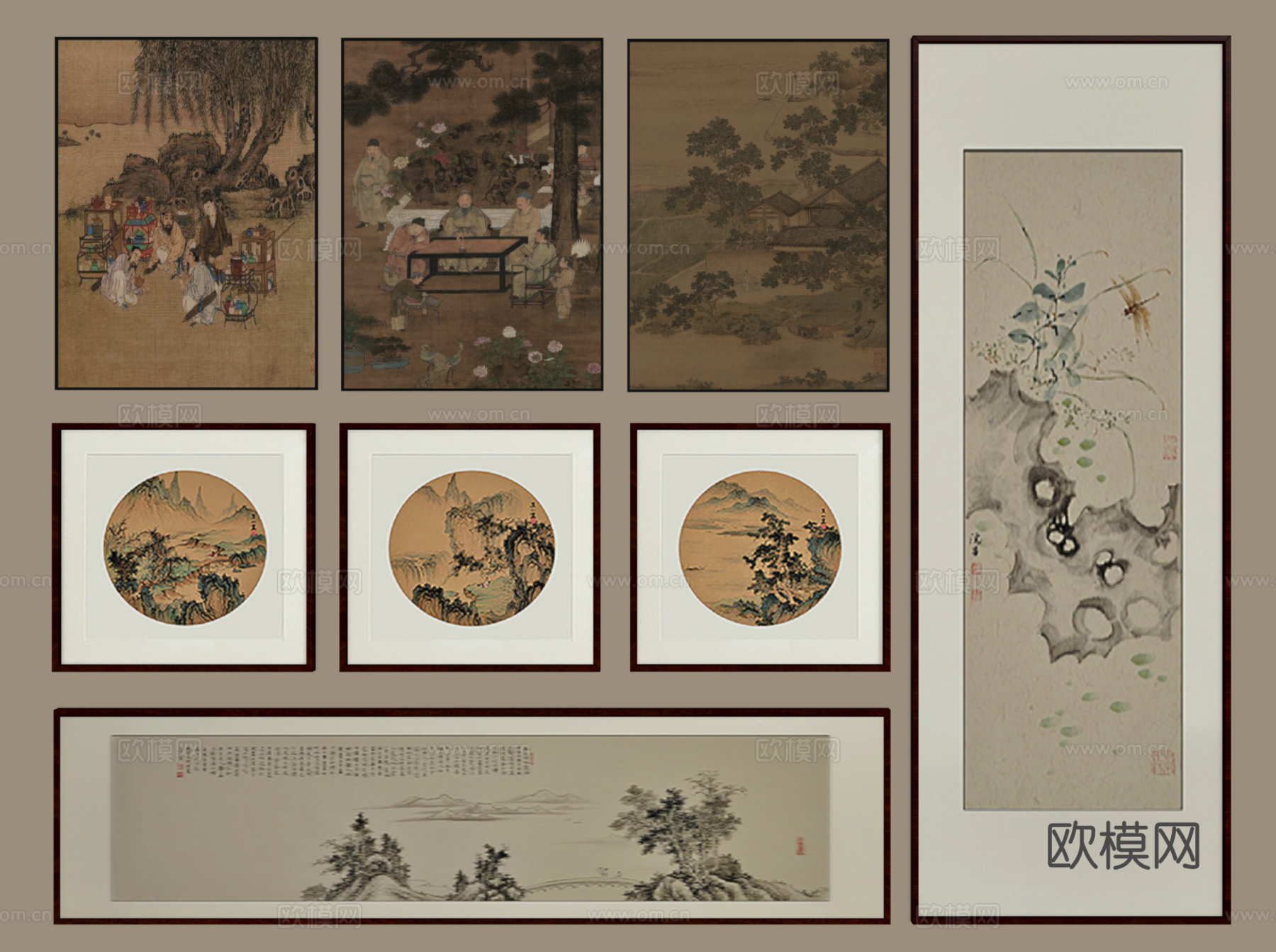 新中式挂画 装饰画 字画 挂画组合su模型