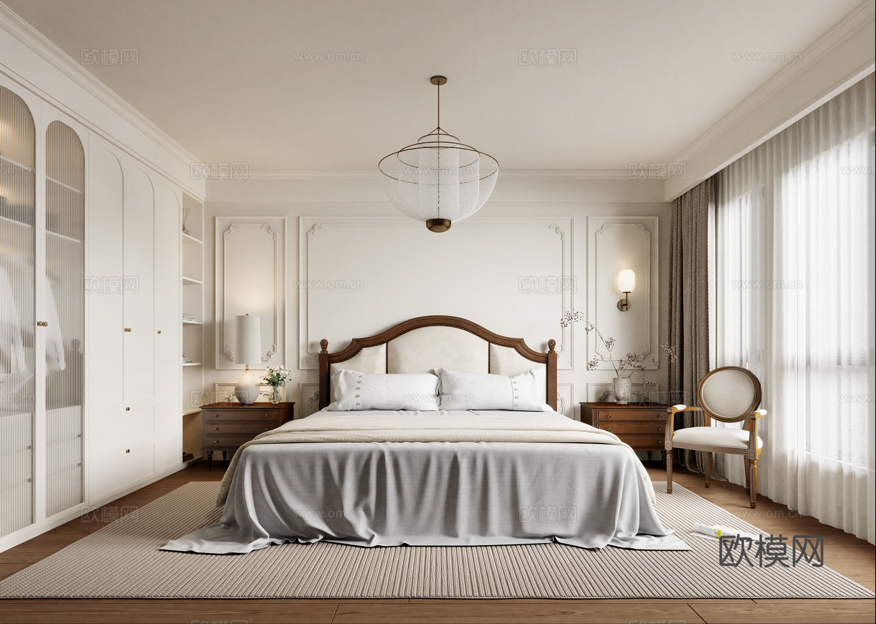 法式卧室 凡是主卧 法式衣柜 法式床 法式吊灯 法式床头背景3d模型下载