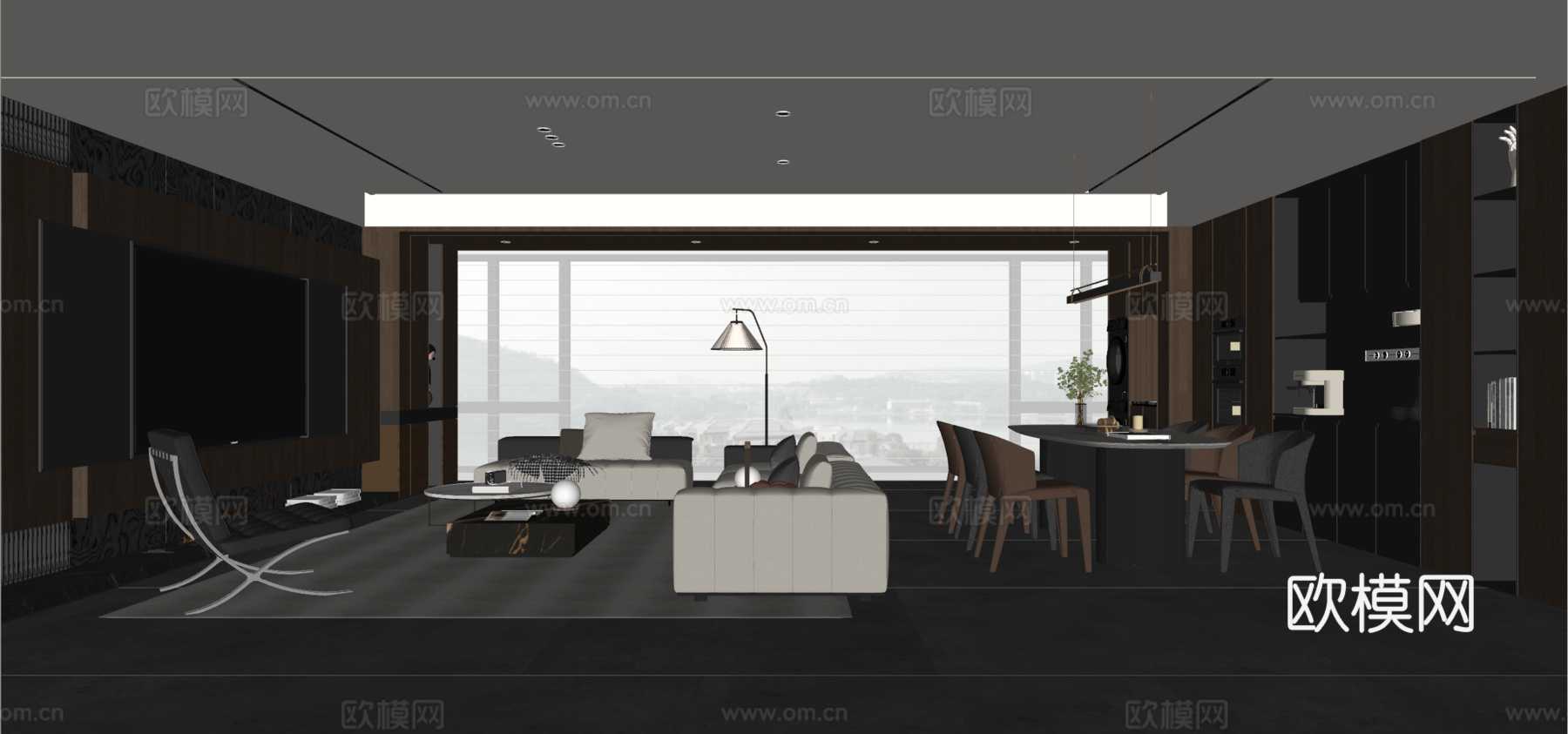 现代意式客餐厅 大平层 沙发茶几 餐桌椅 电视背景墙 餐边柜su模型