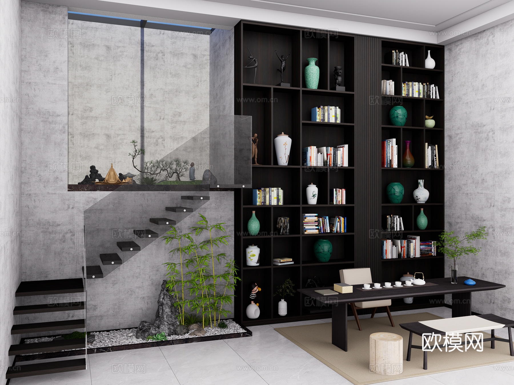 现代地下室茶室 装饰柜茶室柜 挑空层高柜 玻璃扶手 装饰柜su模型