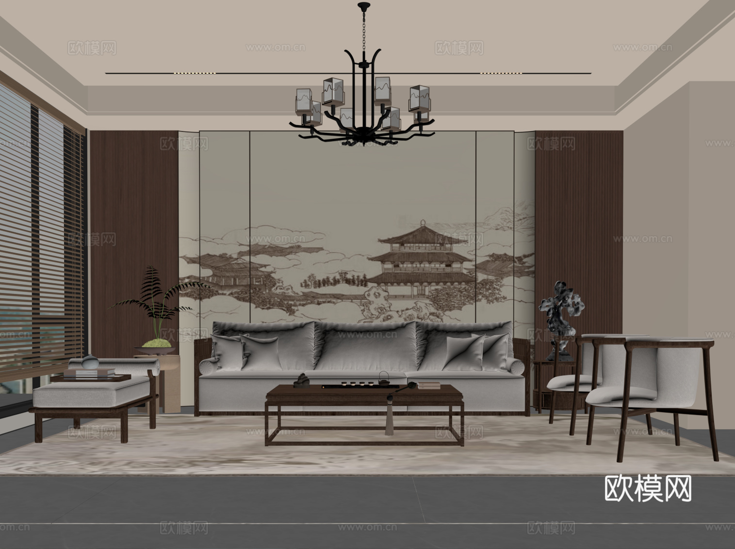 新中式客厅 沙发背景墙 沙发茶几组合su模型