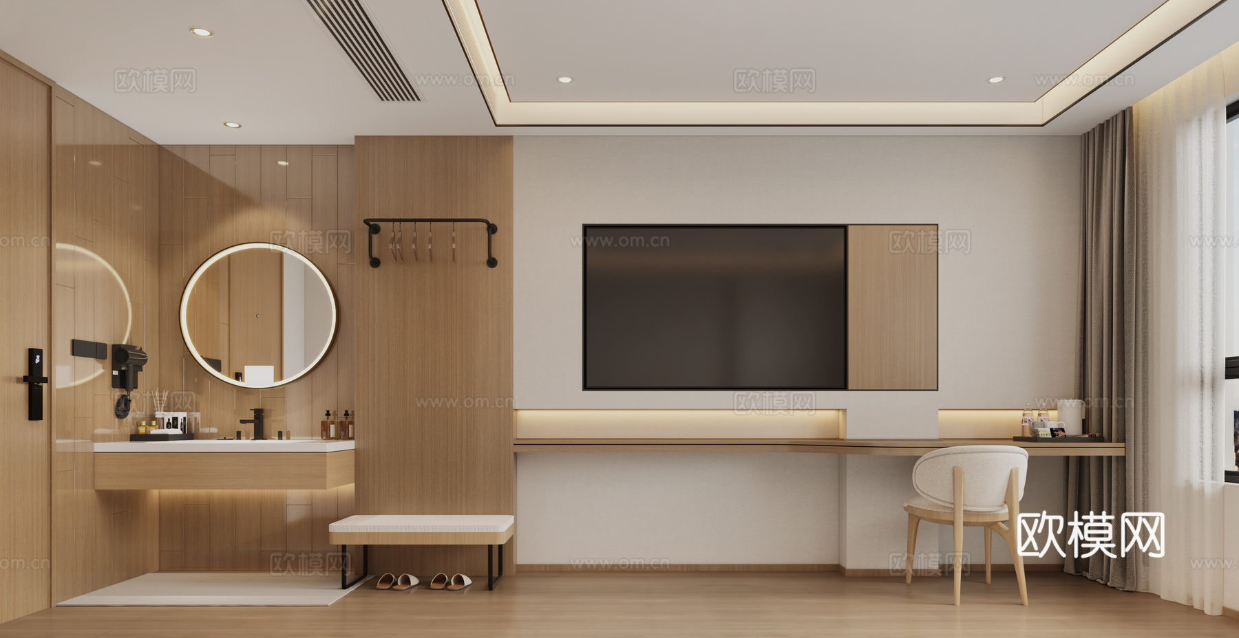 原木风酒店客房 酒店套房 宾馆客房 原木风大床房3d模型下载（渲染图1）