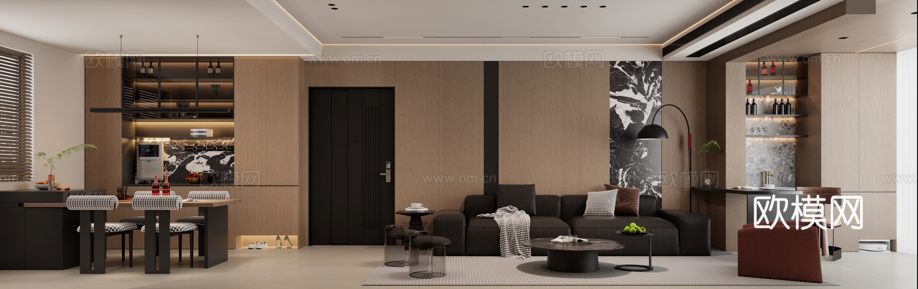 意式客餐厅 意式沙发 意式餐桌椅 意式电视背景 意式厨房3d模型下载（渲染图2）
