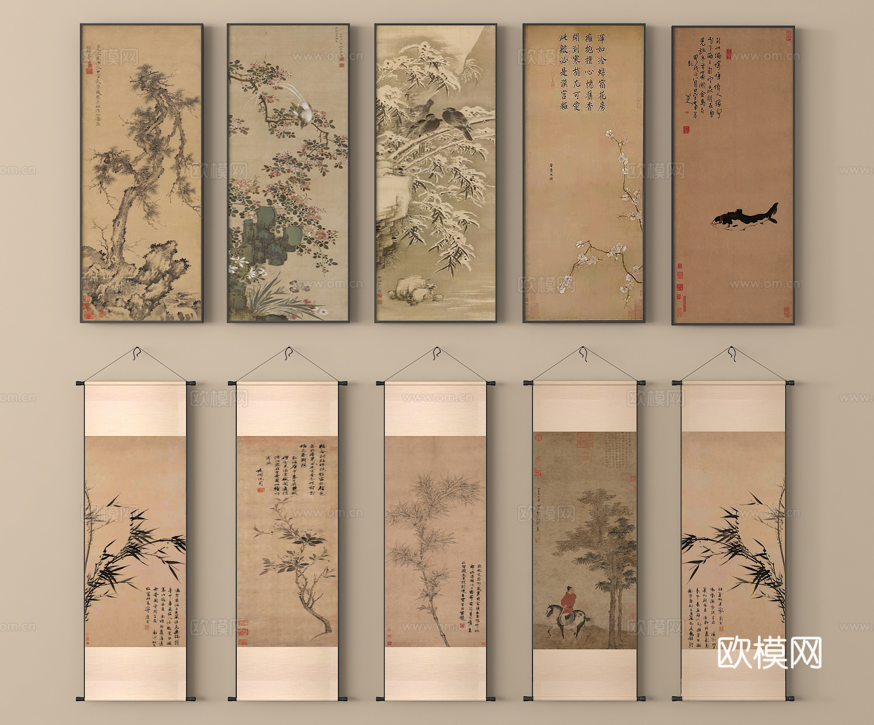 新中式挂画 装饰画 字画 挂画组合su模型
