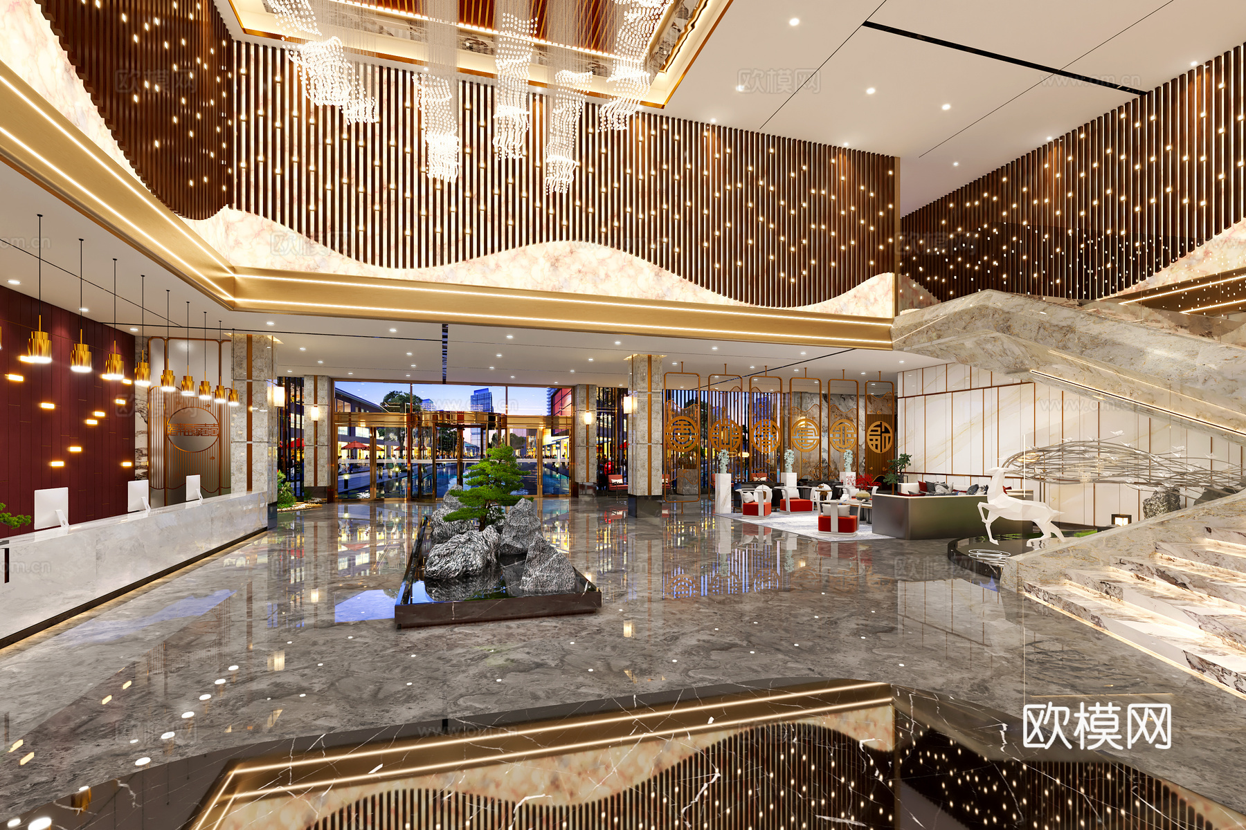 现代新中式婚宴酒店大堂3d模型下载（渲染图4）