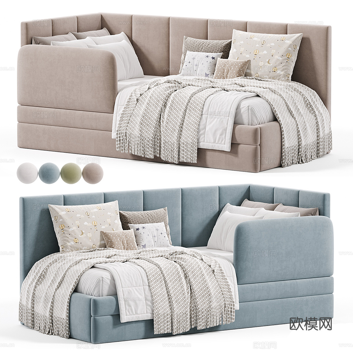 现代奶油风儿童布艺沙发床3d模型下载（渲染图3）