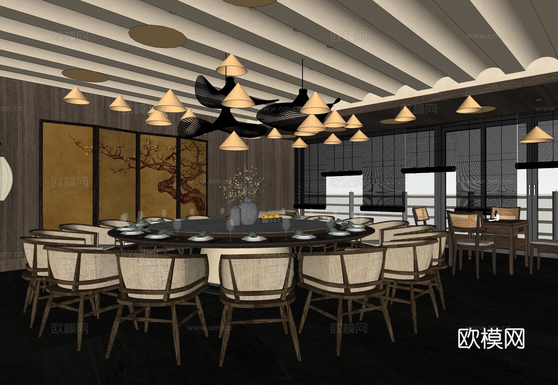 新中式餐厅包厢 酒店包间 餐桌椅su模型