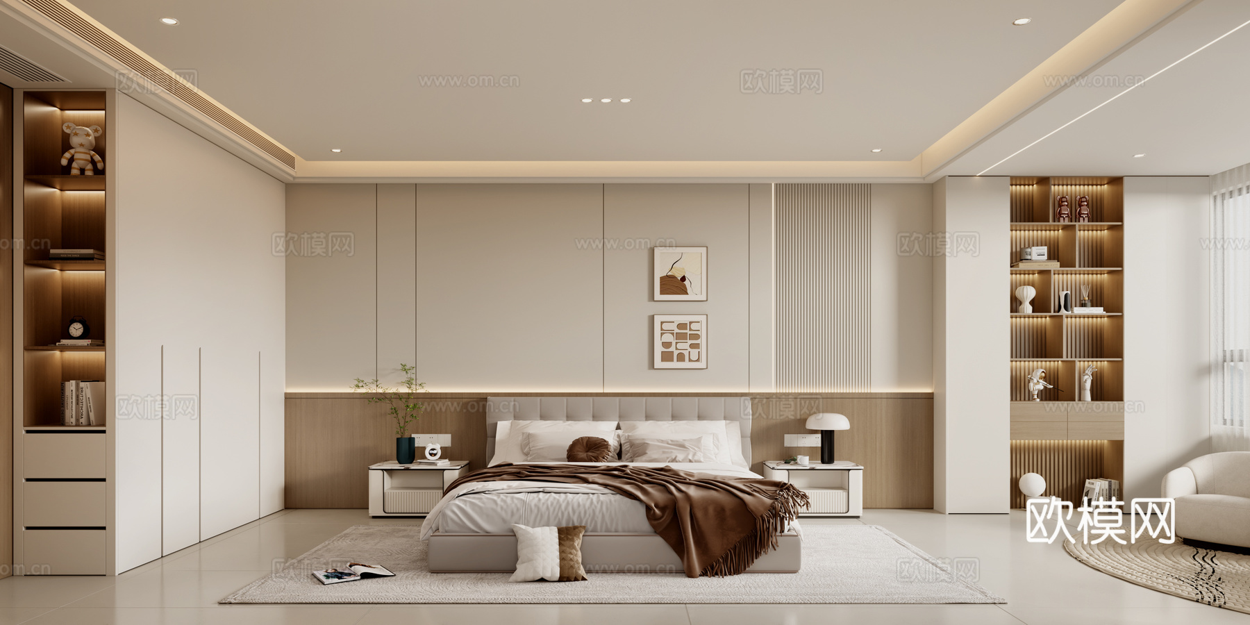 原木风卧室 原木风床 原木风床头背景 原木风床头柜 现代衣柜3d模型下载