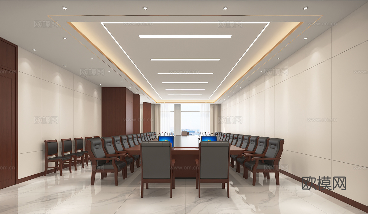 中式会议室大会议厅会议桌椅3d模型下载