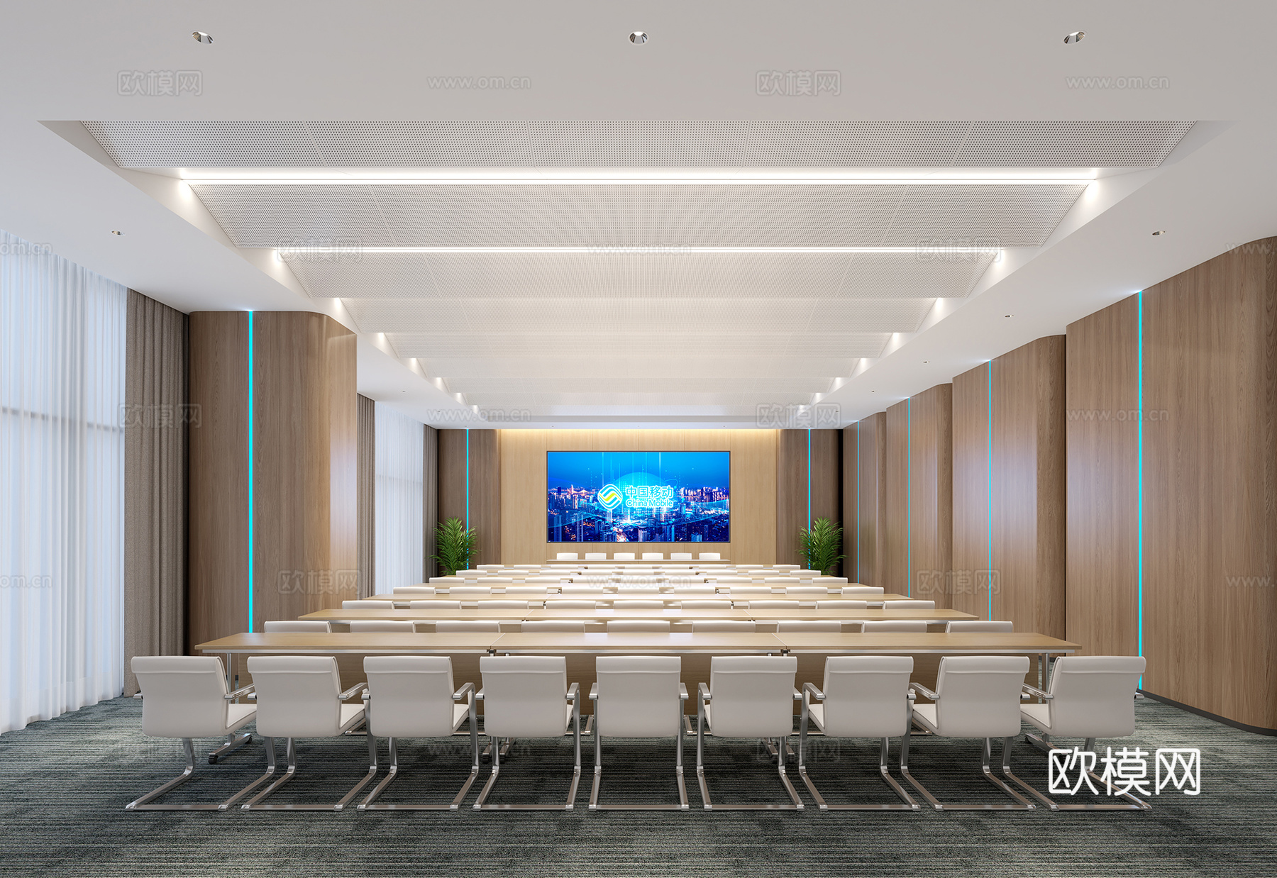 现代大会议室会议桌椅3d模型下载