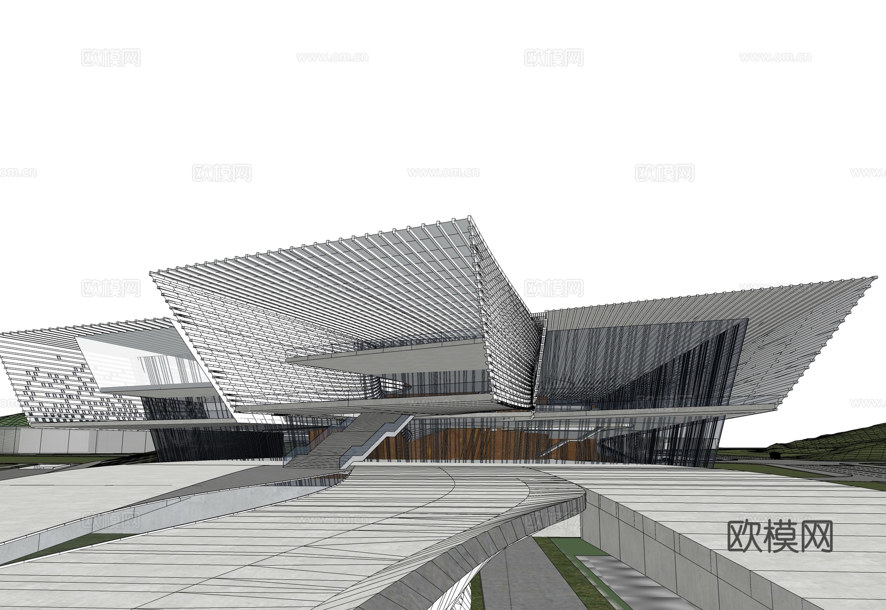 现代展览馆建筑 博物馆 建筑外观su模型