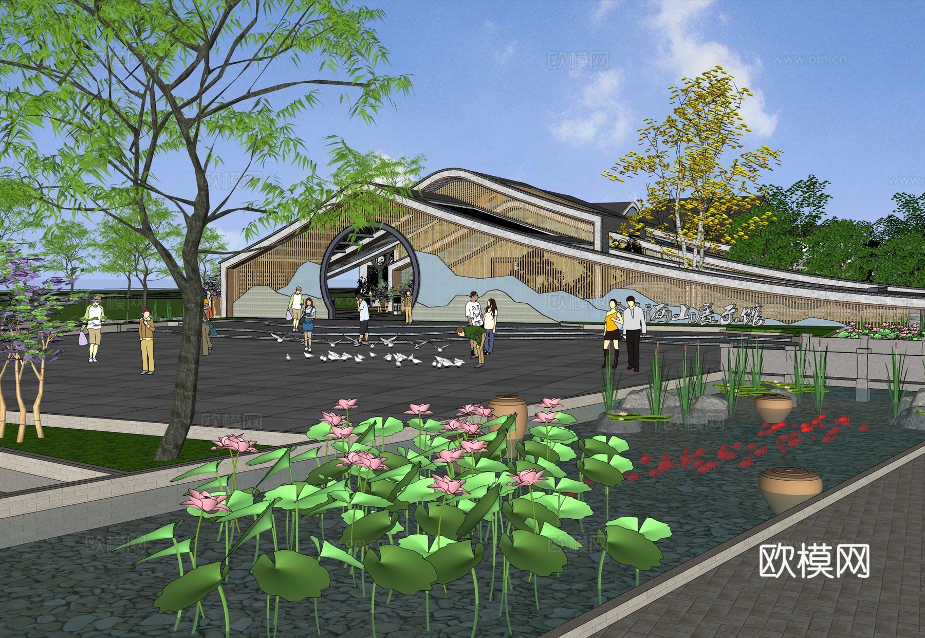 新中式展览馆建筑su模型