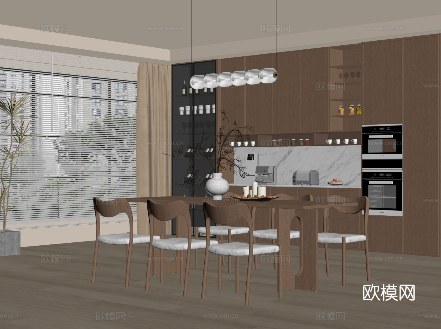 中古风餐厅 酒柜 餐桌椅su模型